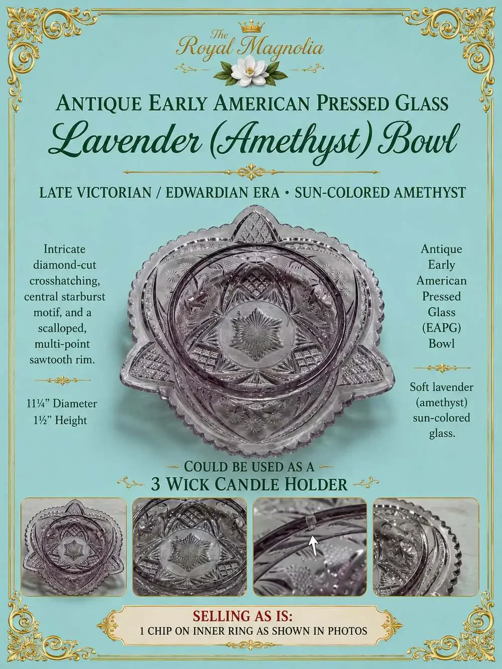 Antique Early American Pressed Glass Lavender Amethyst Bowl Late Victorian Edwar